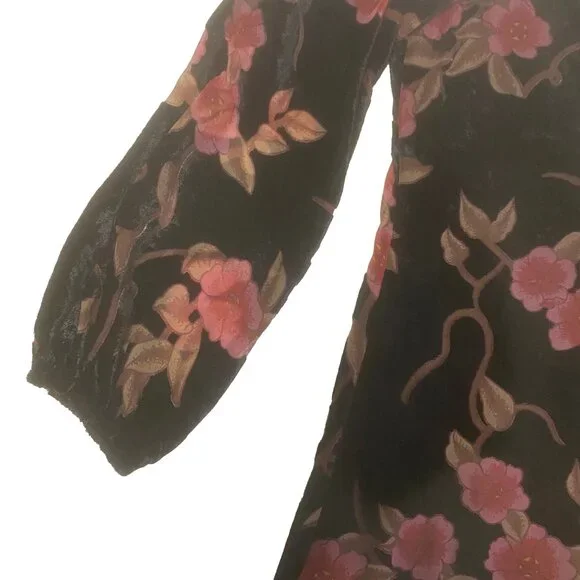JESSICA HOWARD Black Velvet Burnout Floral‎ Balloon Sleeve Dress 90s Y2K 12 - Picture 3 of 16